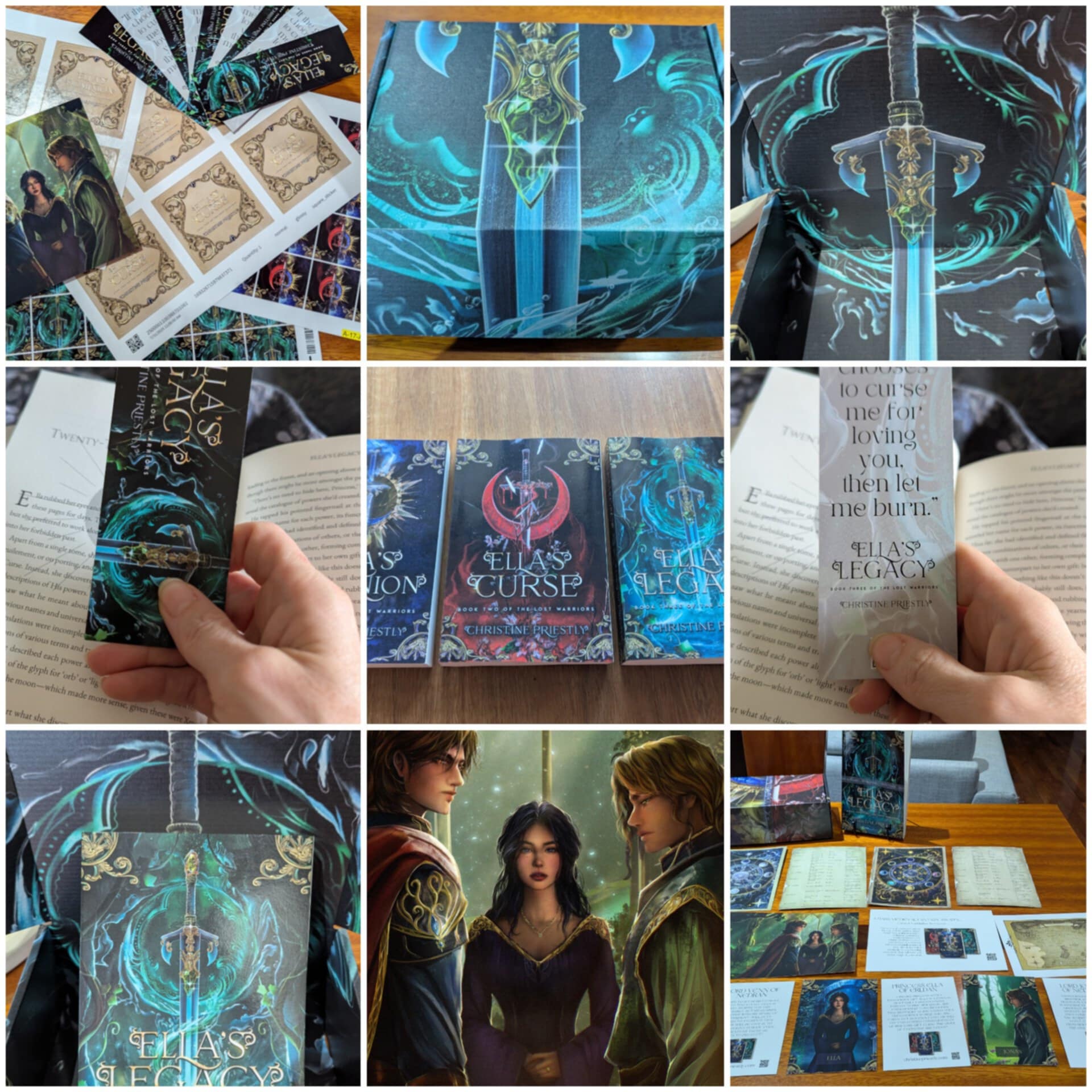 0d1010fb-911f-4f58-b452-1b95628f6b03 Photograph of custom gift box, image of Ella's Dominion and Ella's Curse bookmars, front and back, custom pen, and map of Ycelt postcard