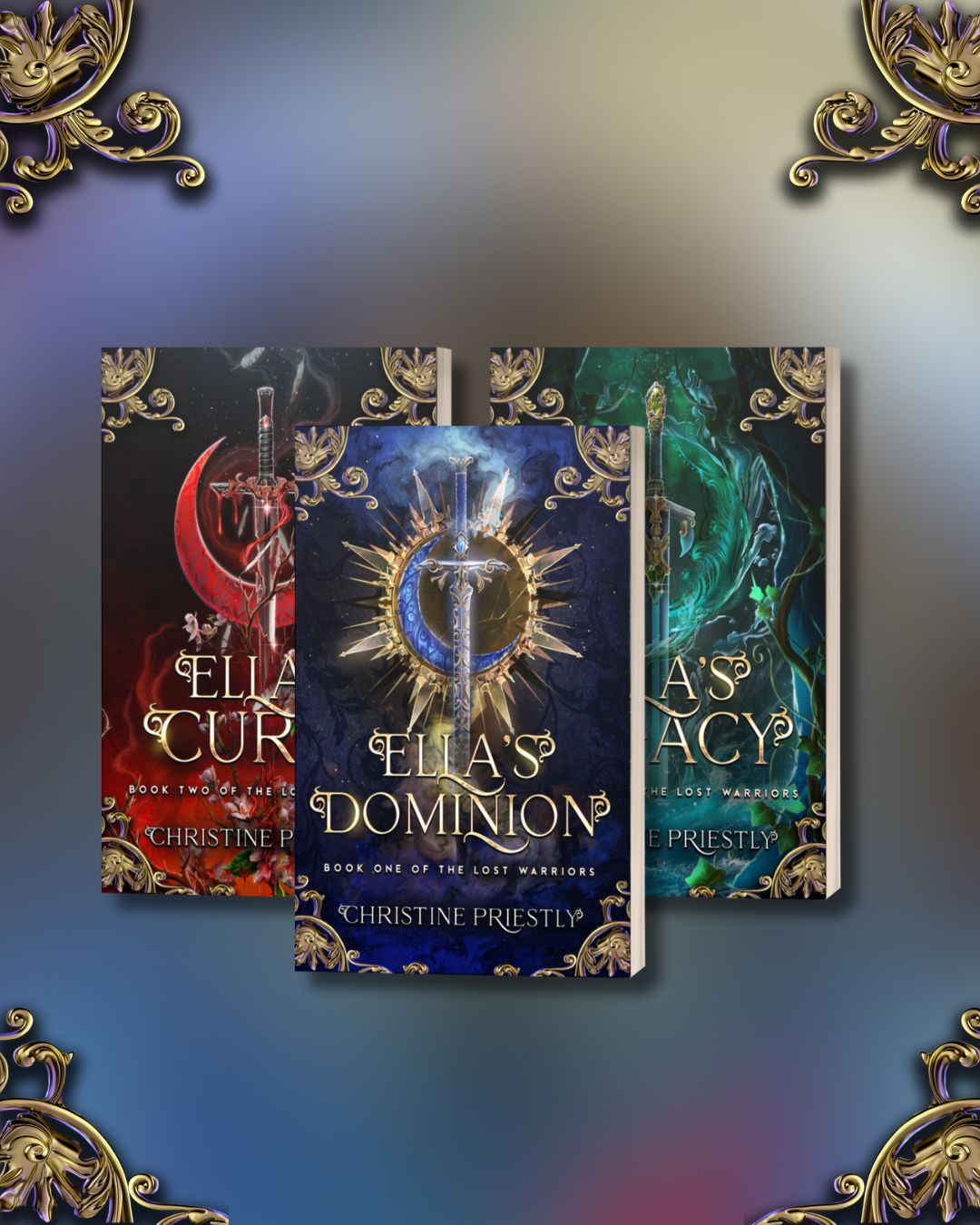 Paperback copies of Ella's Dominion, Ella's Curse, and Ella's Legacy The book covers for The Lost Warriors: Ella's Dominion, Ella's Curse, and Ella's Legacy