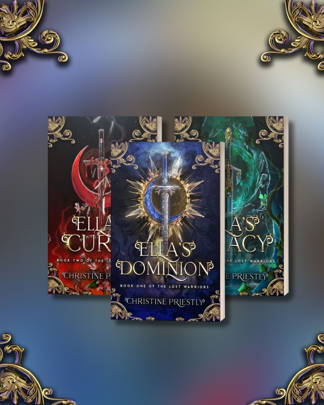 The Lost Warriors by Christine Priestly The book covers for The Lost Warriors: Ella's Dominion, Ella's Curse, and Ella's Legacy