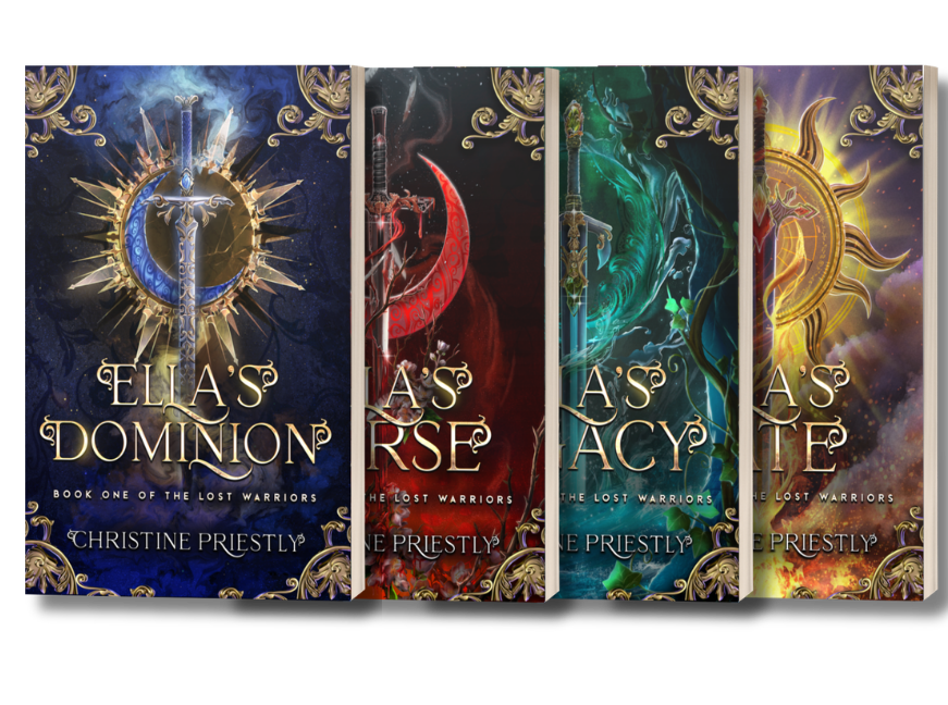 The Lost Warriors by Christine Priestly Series Covers 3D mockup of the series covers for The Lost Warriors. Ella's Dominion (a blue cover), Ella's Curse (red), Ella's Legacy (green), Ella's Fate (gold).